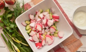 Овощной салат весенний с редисом и свежим огурцом